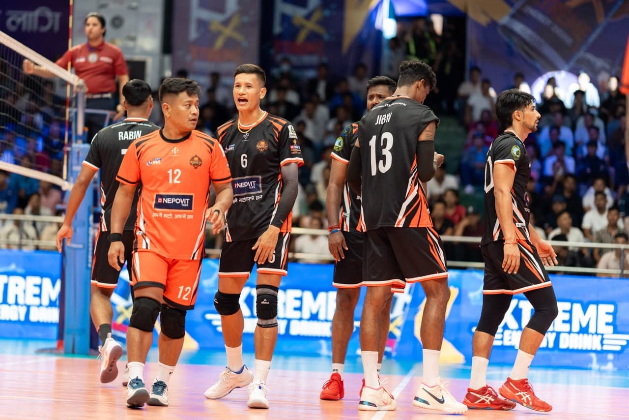 Madhesh Warriors regroup on court during a Nepal Volleyball League match